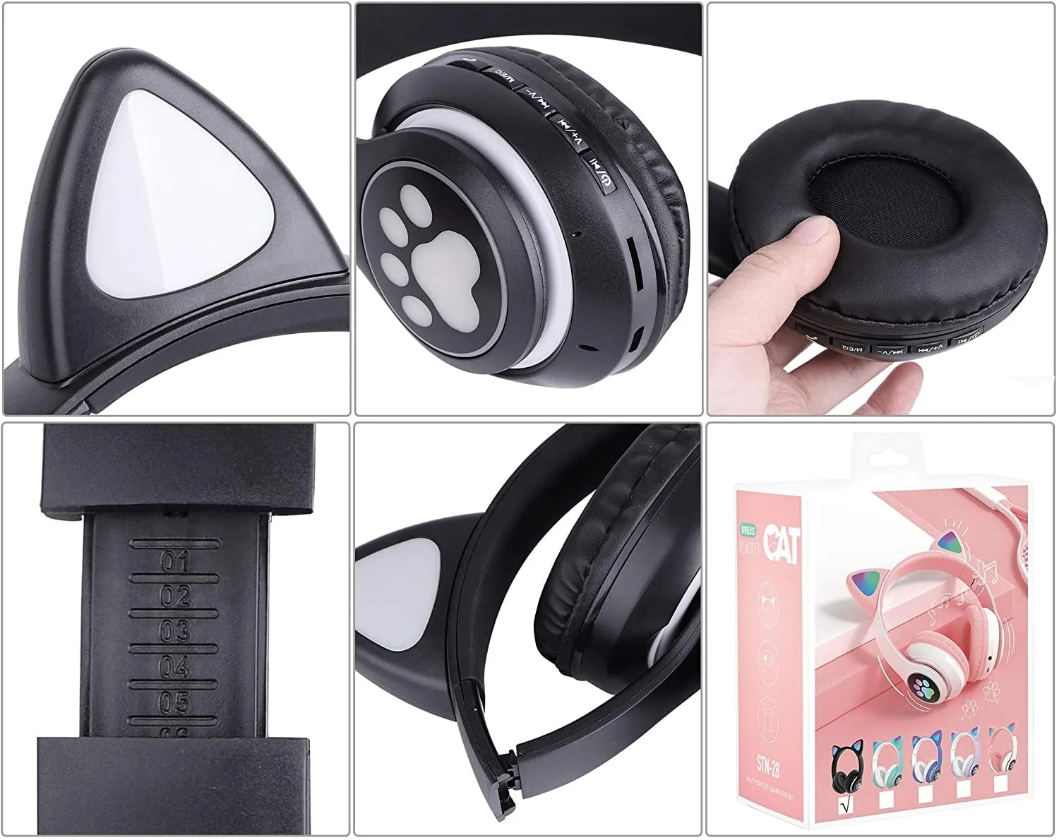 Cat Ear Wireless Headphones, LED Light up Kids Bluetooth Headphones over on Ear Black
