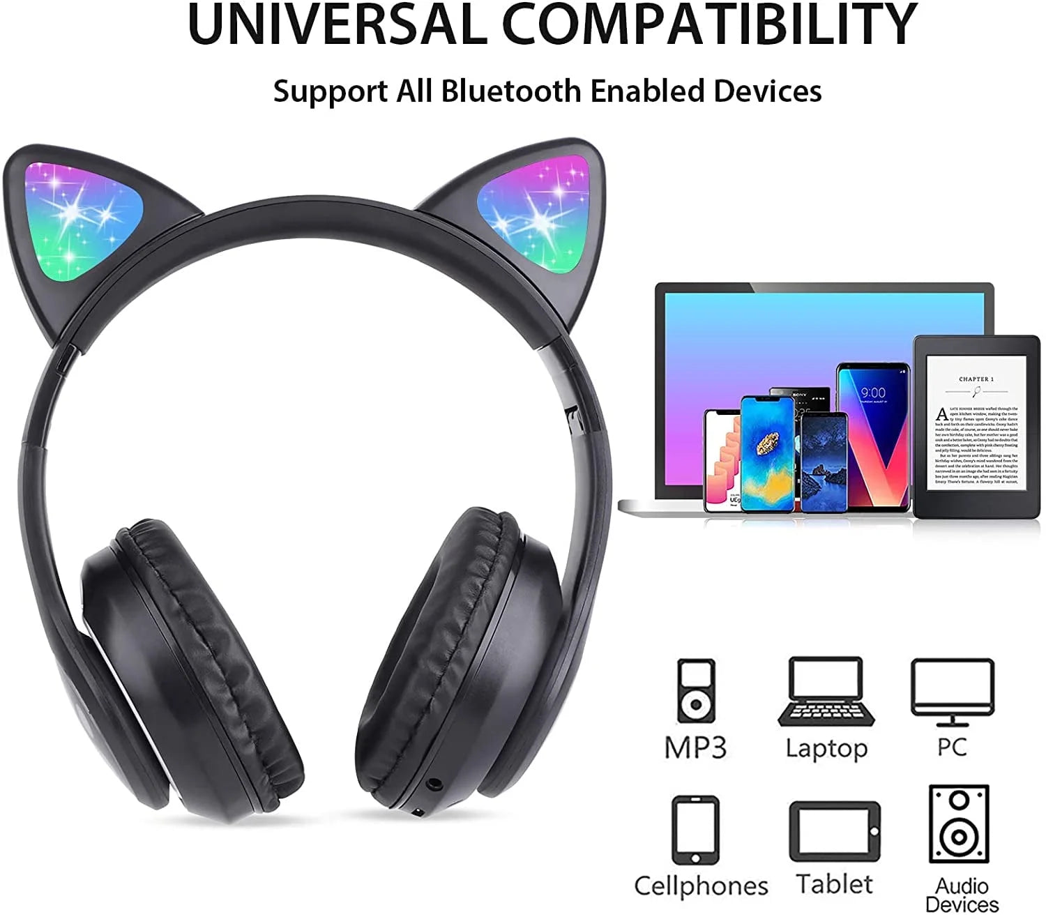 Cat Ear Wireless Headphones, LED Light up Kids Bluetooth Headphones over on Ear Black