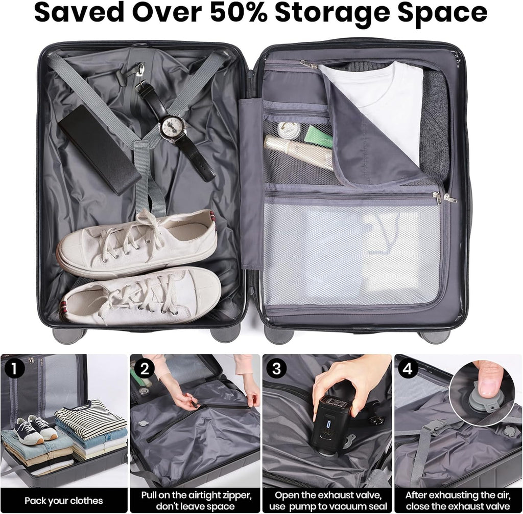 Carry on Luggage Suitcase with Vacuum Compression and Pump, 100% PC Hardshell Lightweight Travel Suitcase with TSA Lock & USB Charging Port 20Inch