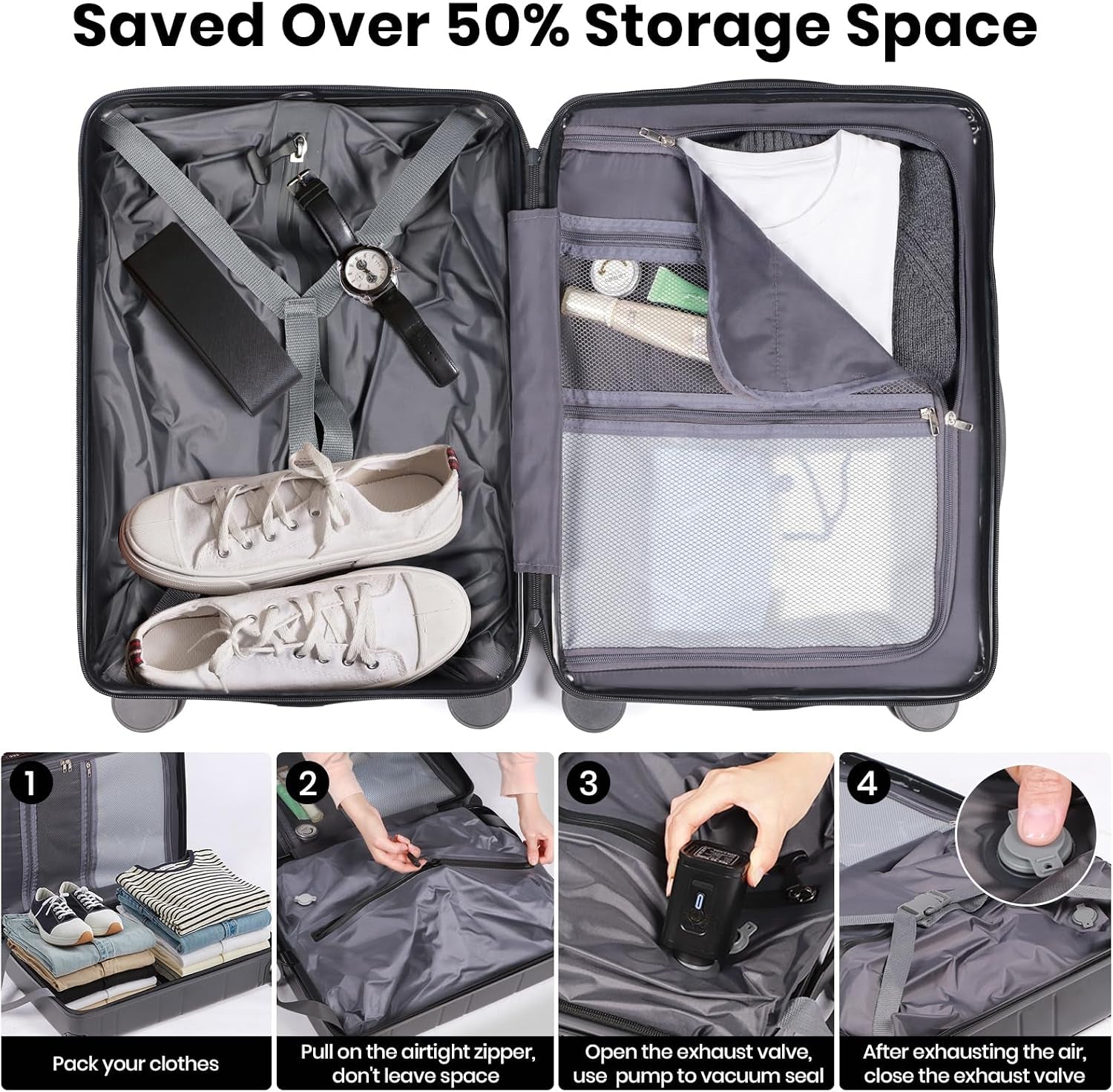 Carry on Luggage Suitcase with Vacuum Compression and Pump, 100% PC Hardshell Lightweight Travel Suitcase with TSA Lock & USB Charging Port 20Inch
