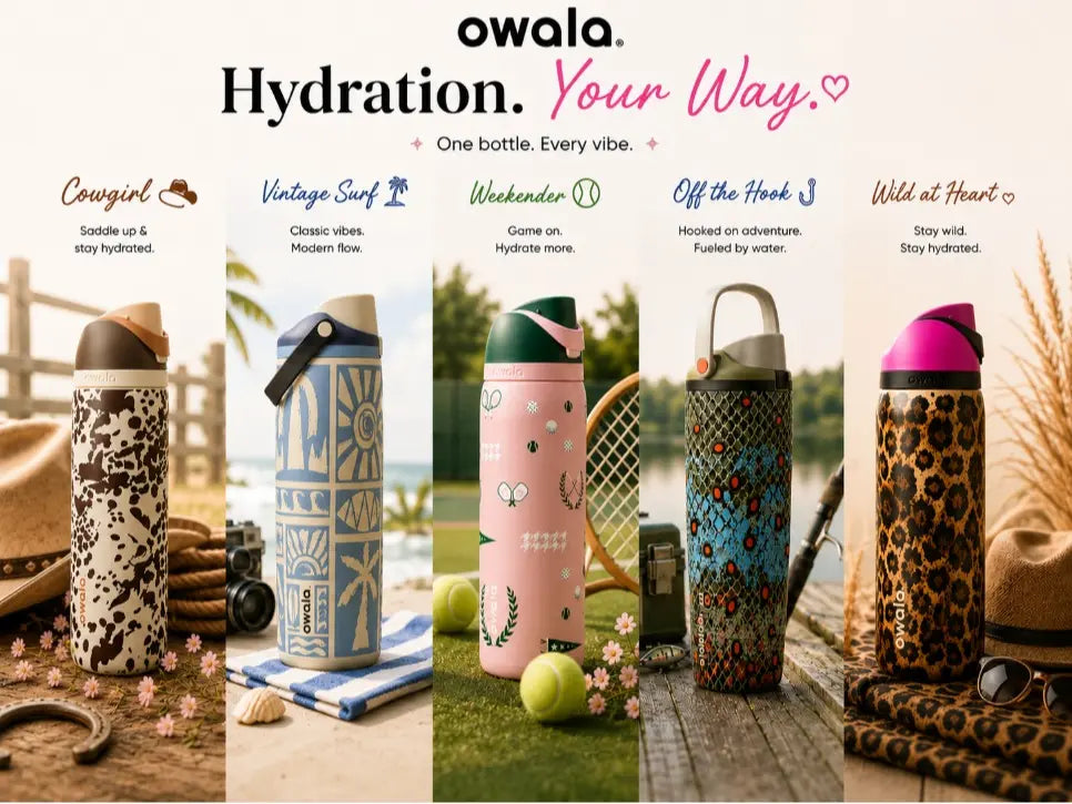 Owala Freesip Water Bottle Collection – Cowgirl Core, Weekender,Off the Hook, Wild at Heart, & Vintage Surf