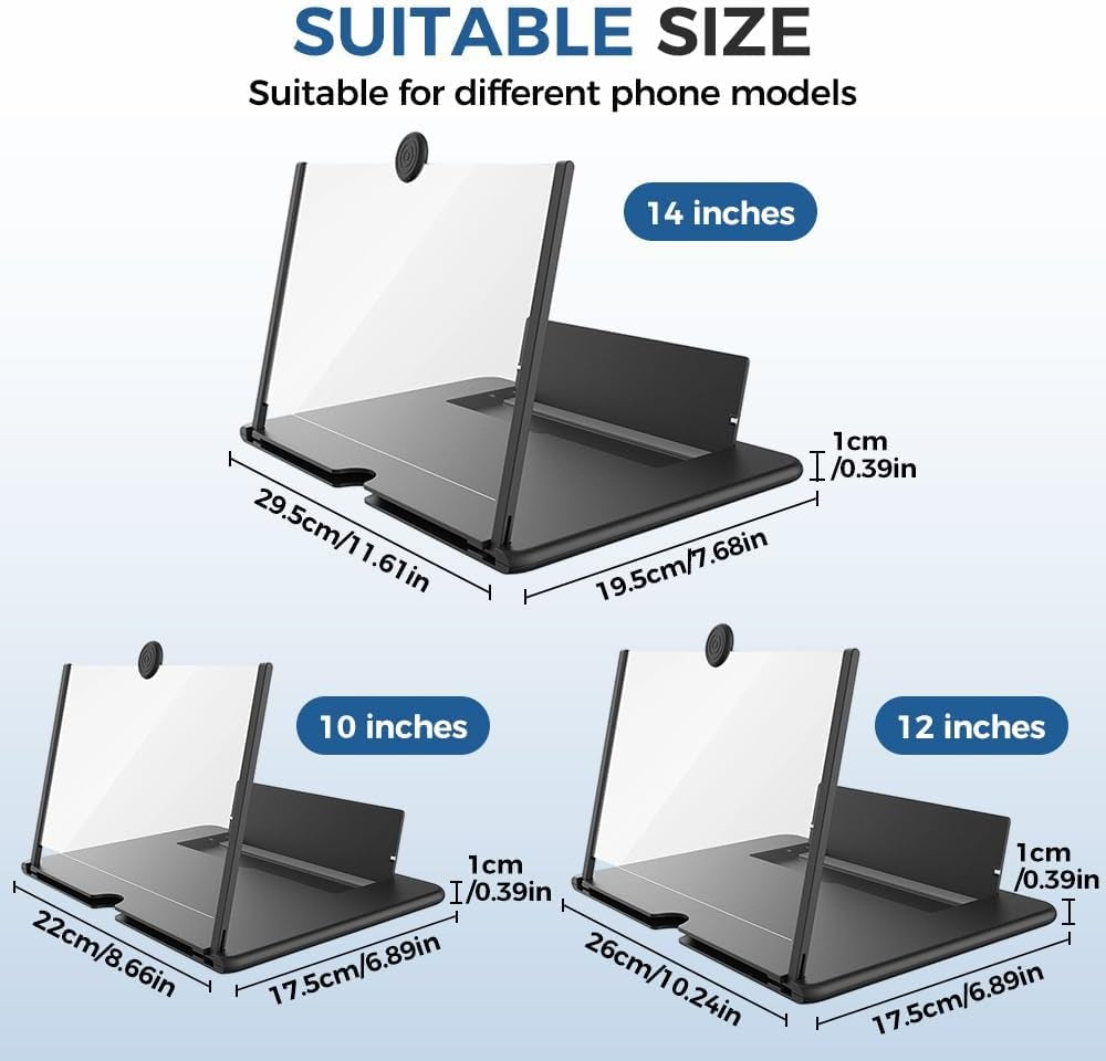 Mobile Phone Screen Magnifier, 3D HD Mobile Magnifier Projector Screen for Movies and Videos, Foldable Phone Stand with Screen Amplifier, Supports All Smartphones (10 Inch-Black)