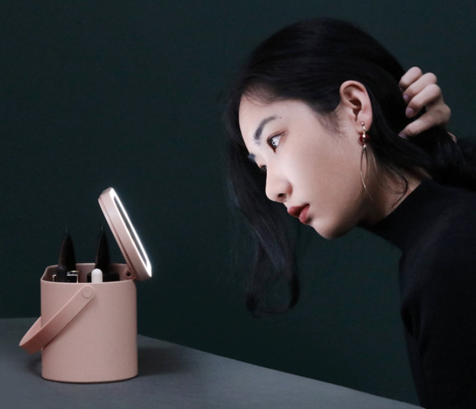 Portable Led Desk Storage Cosmetic Mirror Organizer Box with Light