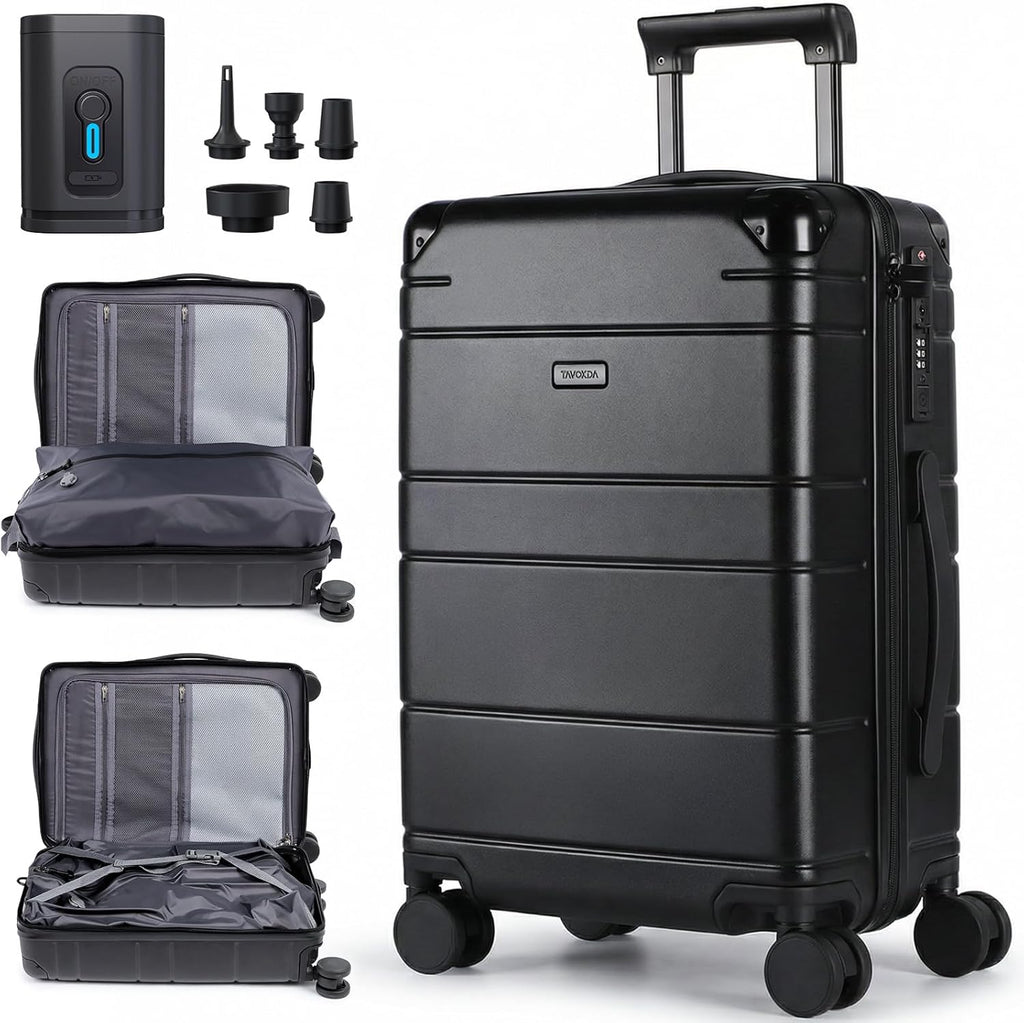 Carry on Luggage Suitcase with Vacuum Compression and Pump, 100% PC Hardshell Lightweight Travel Suitcase with TSA Lock & USB Charging Port 20Inch