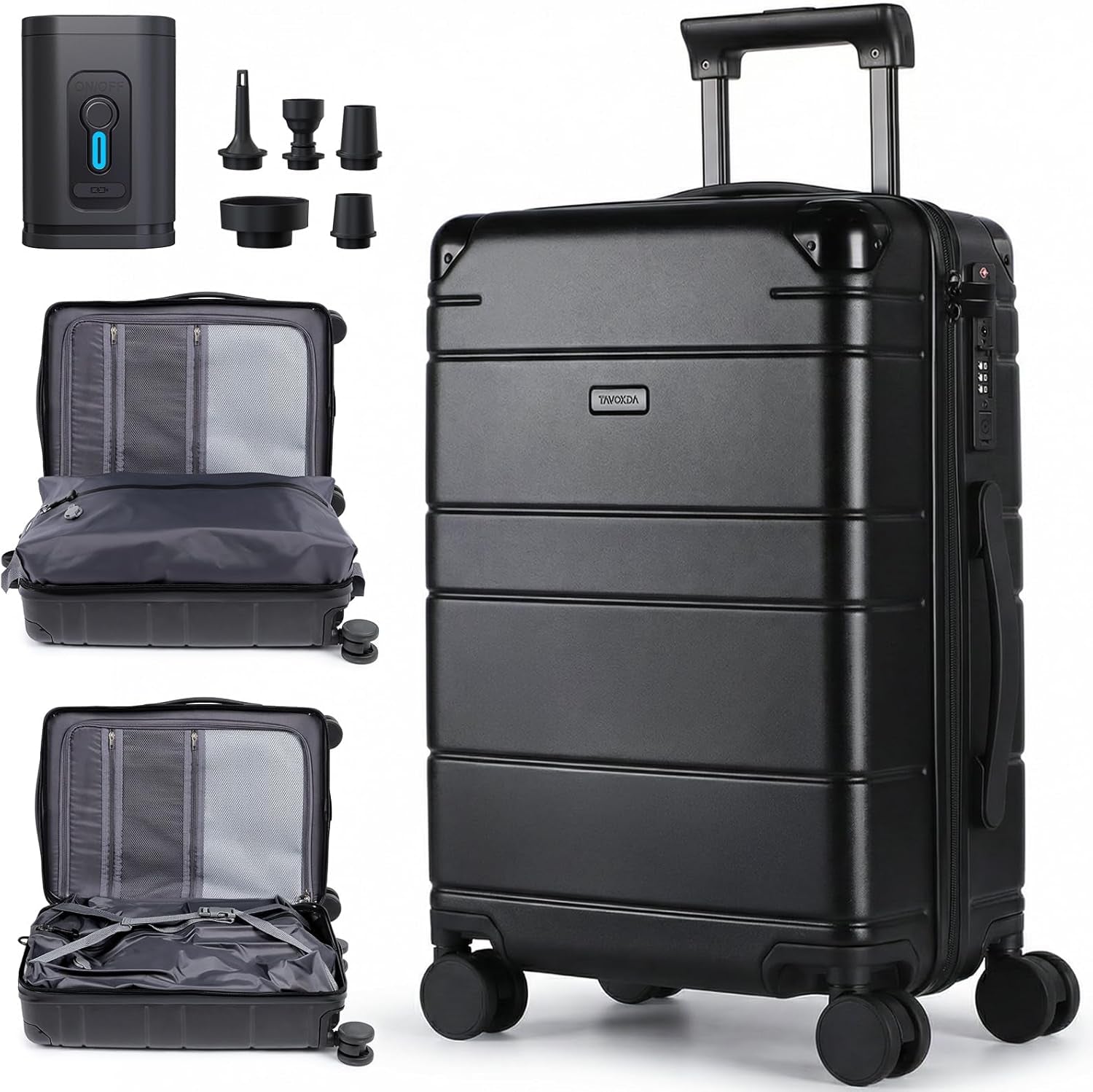 Carry on Luggage Suitcase with Vacuum Compression and Pump, 100% PC Hardshell Lightweight Travel Suitcase with TSA Lock & USB Charging Port 20Inch