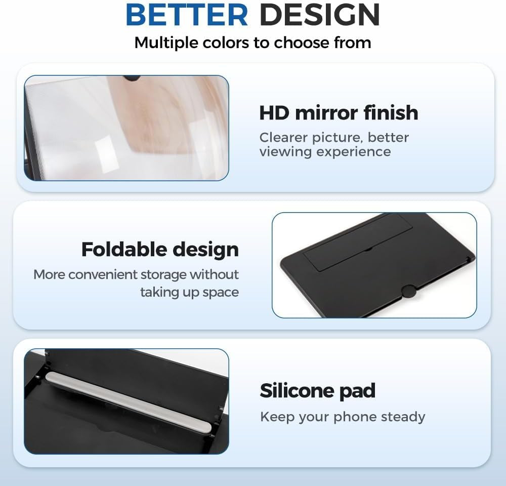 Mobile Phone Screen Magnifier, 3D HD Mobile Magnifier Projector Screen for Movies and Videos, Foldable Phone Stand with Screen Amplifier, Supports All Smartphones (10 Inch-Black)