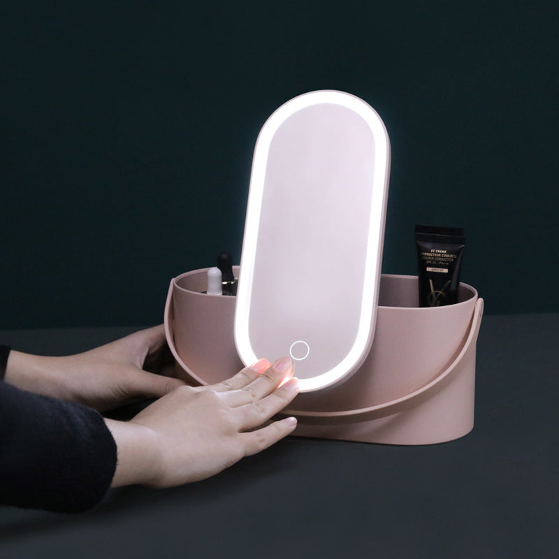 Portable Led Desk Storage Cosmetic Mirror Organizer Box with Light