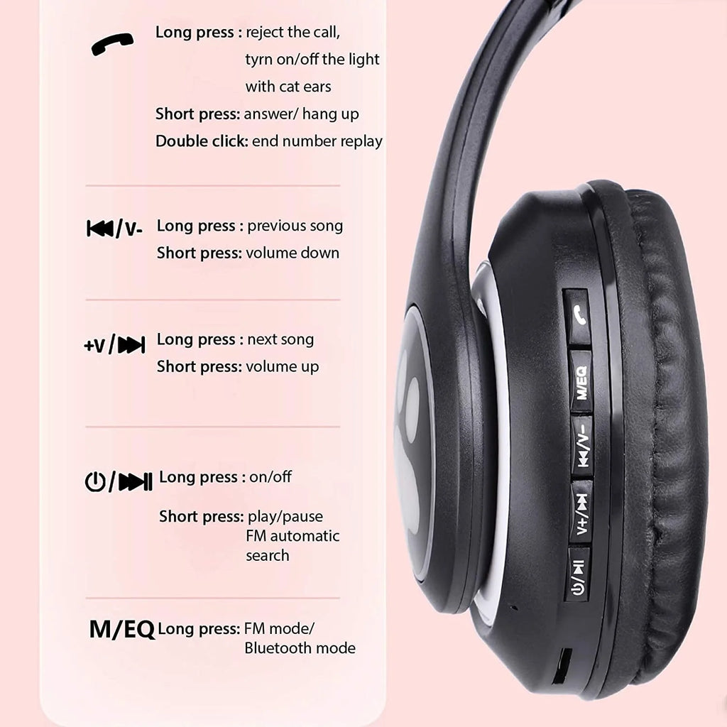 Cat Ear Wireless Headphones, LED Light up Kids Bluetooth Headphones over on Ear Black