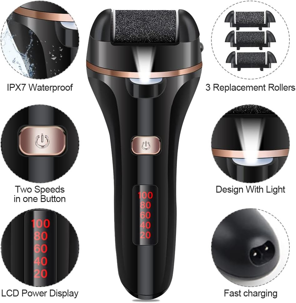 Electric Foot File Callus Remover, Rechargeablet with 3 Roller Heads,2 Speed 