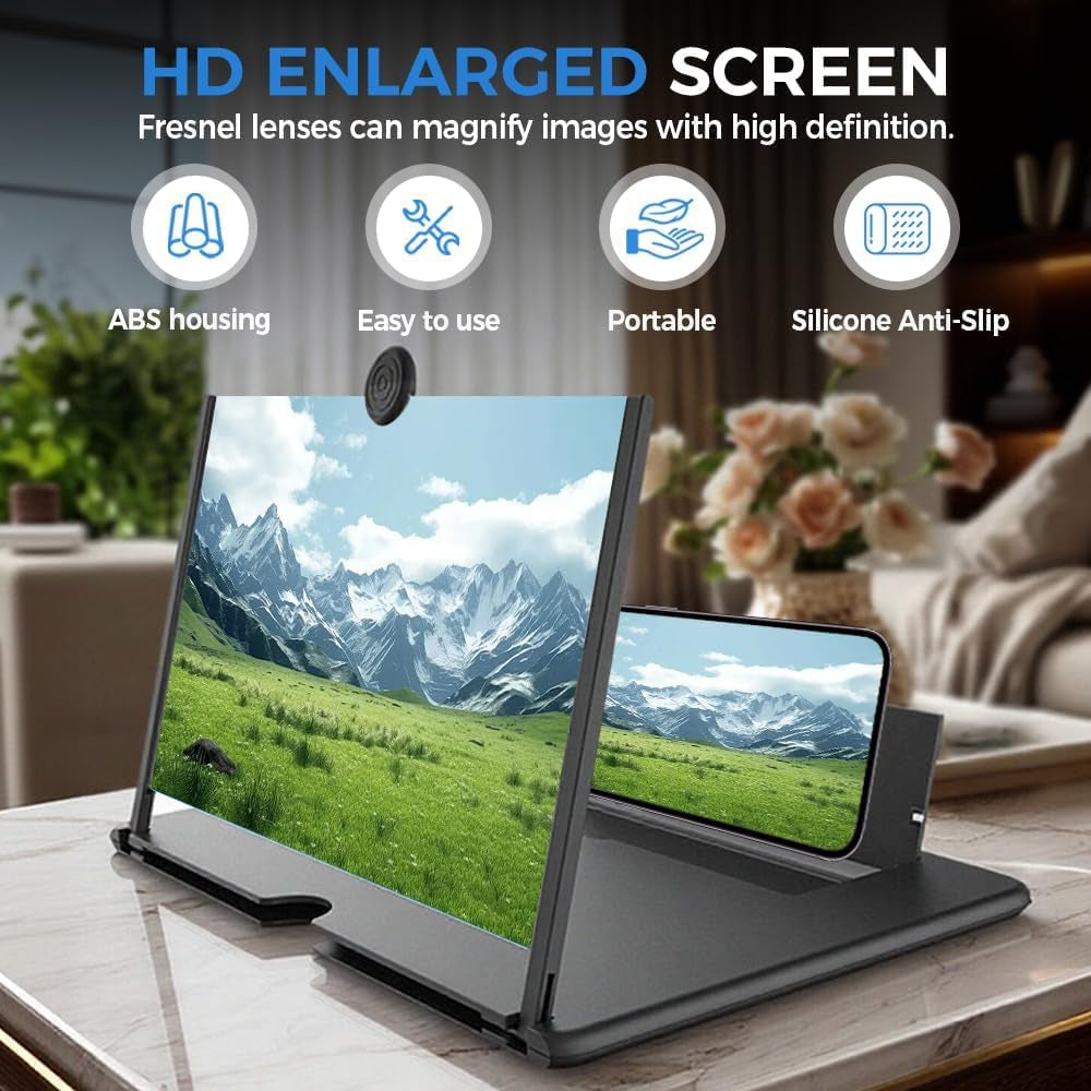 Mobile Phone Screen Magnifier, 3D HD Mobile Magnifier Projector Screen for Movies and Videos, Foldable Phone Stand with Screen Amplifier, Supports All Smartphones (10 Inch-Black)