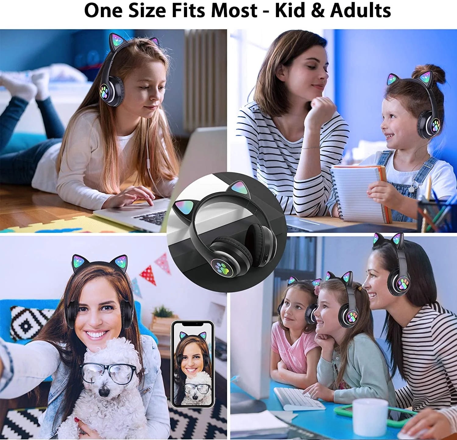 Cat Ear Wireless Headphones, LED Light up Kids Bluetooth Headphones over on Ear Black